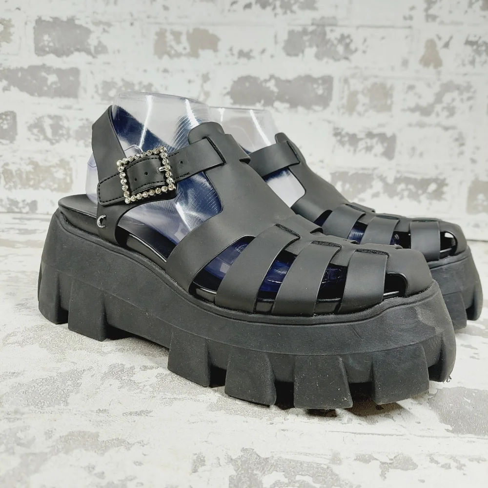 Sam Edelman Black Platform Fisherman Sandals with Crystal Buckle